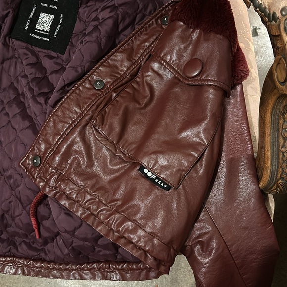Coolest Trendy Hoodie Faux leather Fur Wine color Designer Jacket Snaps - Picture 10 of 16